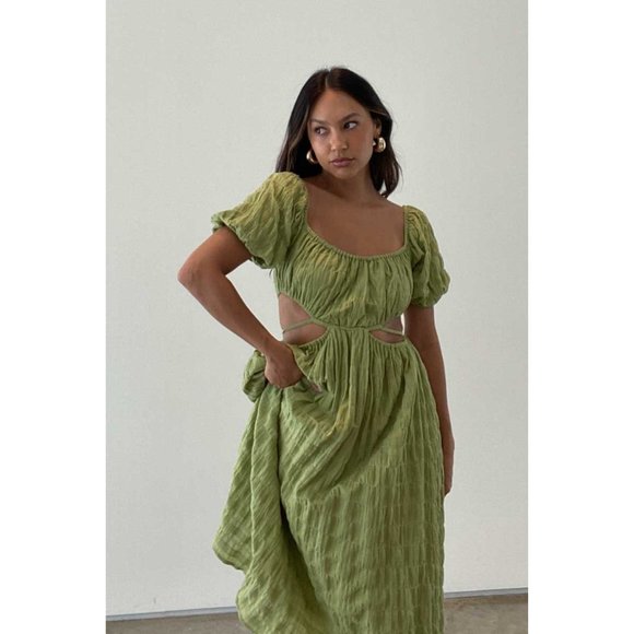 Spring Style Green Matcha Cut-Out Midi Dress 100% Cotton - Picture 3 of 11